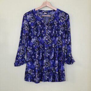 Cocomo Tunic Top Women M Indigo Multi Paisley Henley 3/4 Roll Tab Sleeve Pintuck